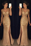 Luxurious Mermaid V-neck Sequin Gold Long Prom Dresses HZ0527