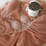 A Line Dusty Rose Long Tulle Prom Dresses Beading Bodice V Neck Formal Dress HZ0527