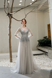 Promfast A Line V Neck Long Sleeves Tulle Sequins Grey Prom Dresses HZ0527