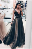 Black Deep V Neck A Line Prom Dresses,Long Tulle Evening Dress HZ0527