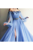 Elegant Blue Long Sleeves Off the Shoulder Beaded Crystal Side Slit Prom Dresses HZ0527