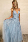 Sky Blue Lace Appliques Straps Long V Neck Prom Dresses HZ0527