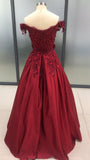 Ball Gown Burgundy Sleeveless Off the Shoulder Lace Applique Prom Dresses HZ0527