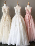 A Line Long Lace Applique Prom Dresses Cheap Tulle Evening Dresses HZ0527
