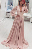 Fashion A-Line V-Neck Long Pink Prom Dress with Long Sleeves Appliques HZ0527