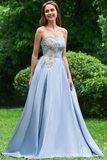 A Line Strapless Sky Blue Satin Long Prom Dresses With Appliques HZ0527