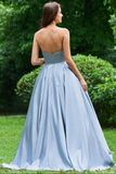 A Line Strapless Sky Blue Satin Long Prom Dresses With Appliques HZ0527