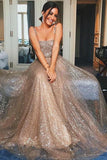 Spaghetti Straps Long Sequins Prom Dress A Line Evening Gown HZ0527