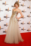 Sweetheart A Line Gold Sequin Tulle Long Sleeveless Prom Dresses HZ0527