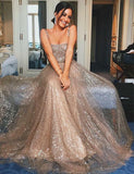 Spaghetti Straps Long Sequins Prom Dress A Line Evening Gown HZ0527