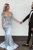 Mermaid V-Neck Short Sleeve Appliques Long Grey Prom Dress HZ0527