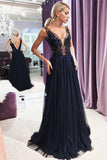 V-Neck Backless Evening Gown with Appliques Dark Navy Prom Dress HZ0527