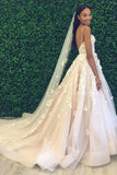 Princess A-Line Spaghetti Straps Backless Tulle Wedding Dress with Appliques HZ0527
