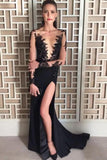 Deep V-Neck Long Sleeve Black Evening Dress,Beading Split Sexy Prom Dress HZ0527