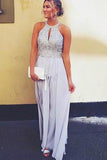 A Line Chiffon Beaded Sleeveless Long Open Back Prom Dresses HZ0527