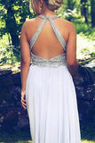 A Line Chiffon Beaded Sleeveless Long Open Back Prom Dresses HZ0527