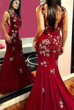 Elegant Burgundy Mermaid Backless Prom Dresses With Appliques HZ0527