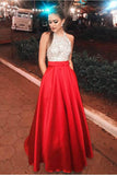 Pretty Open Back Long Beading Satin Red Halter Prom Dresses HZ0527
