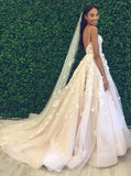 Princess A-Line Spaghetti Straps Backless Tulle Wedding Dress with Appliques HZ0527