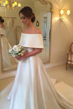 Simple Satin A Line Off the Shoulder Cheap Bridal Gown, Ivory Wedding Dresses HZ0527