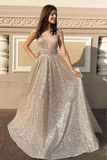 Promfast Stunning A-line V neck Sparkly Silver Long Prom Dress Evening Dress HZ0527