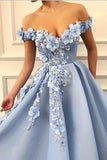 Blue Off Shoulder Flower Appliques A-line Long Modest Beautiful Prom Dresses HZ0527