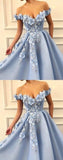 Blue Off Shoulder Flower Appliques A-line Long Modest Beautiful Prom Dresses HZ0527