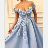 Blue Off Shoulder Flower Appliques A-line Long Modest Beautiful Prom Dresses HZ0527