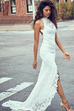 Sexy Mermaid High Neck Sleeveless Lace Backless Wedding Dress,Modest Bride Gowns HZ0527