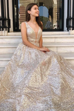 Promfast Stunning A-line V neck Sparkly Silver Long Prom Dress Evening Dress HZ0527