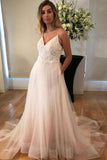 V-Neck Long Spaghetti Straps Prom Dresses,Simple Tulle A-Line Wedding Dresses HZ0527