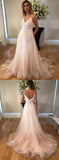 V-Neck Long Spaghetti Straps Prom Dresses,Simple Tulle A-Line Wedding Dresses HZ0527