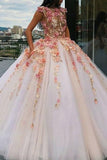 Jewel Tulle Long Cap Sleeves Ball Gown Prom Dress with Flower Appliques HZ0527
