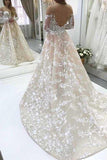 Elegant A-Line Illusion Beteau Long Sleeves Ivory Lace Wedding Dress HZ0527