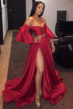 A-Line Off the Shoulder Red Split Front Long Prom Dress with Belt Sleeves HZ0527