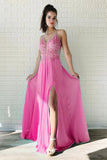 A Line Chiffon Long Split Prom Dress, Cheap Lace Up Back Evening Dresses HZ0527