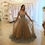 A-Line V-Neck Tulle Long Prom Dress with Lace Appliques HZ0527