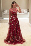 A-Line Bateau Burgundy Floral Lace Long Prom Dresses HZ0527