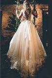 Elegant Off White Lace Appliques A-line Chapel Train Wedding Dresses with Sash HZ0527