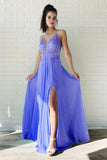 A Line Chiffon Long Split Prom Dress, Cheap Lace Up Back Evening Dresses HZ0527