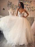 Ivory A-Line Spaghetti Straps Tulle Cheap Wedding Dress with Lace HZ0527
