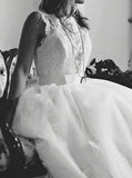 Elegant Off White Lace Appliques A-line Chapel Train Wedding Dresses with Sash HZ0527
