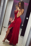 Mermaid Spaghetti Straps Red Satin Prom Dresses with Ruffles HZ0527
