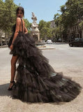 Beautiful A-Line V-Neck High Low Backless Black Tulle Prom Dresses HZ0527