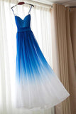 Royal Blue White Ombre Long Bridesmaid Dress,A-line Sweetheart Chiffon Prom Dresses HZ0527