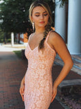 Mermaid V-neck Sleeveless Pink Lace Backless Prom Dresses With Straps HZ0527