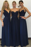 Navy blue Chiffon Simple Lace Long A Line Sleeveless Bridesmaid Dresses HZ0527