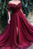 Burgundy Off the Shoulder Maroon A Line Long Tulle Pom Dresses HZ0527
