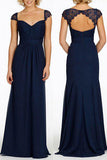 Navy Blue Long Open Back Cap Sleeve Sexy Chiffon Bridesmaid Dresses HZ0527