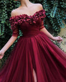 Burgundy Off the Shoulder Maroon A Line Long Tulle Pom Dresses HZ0527